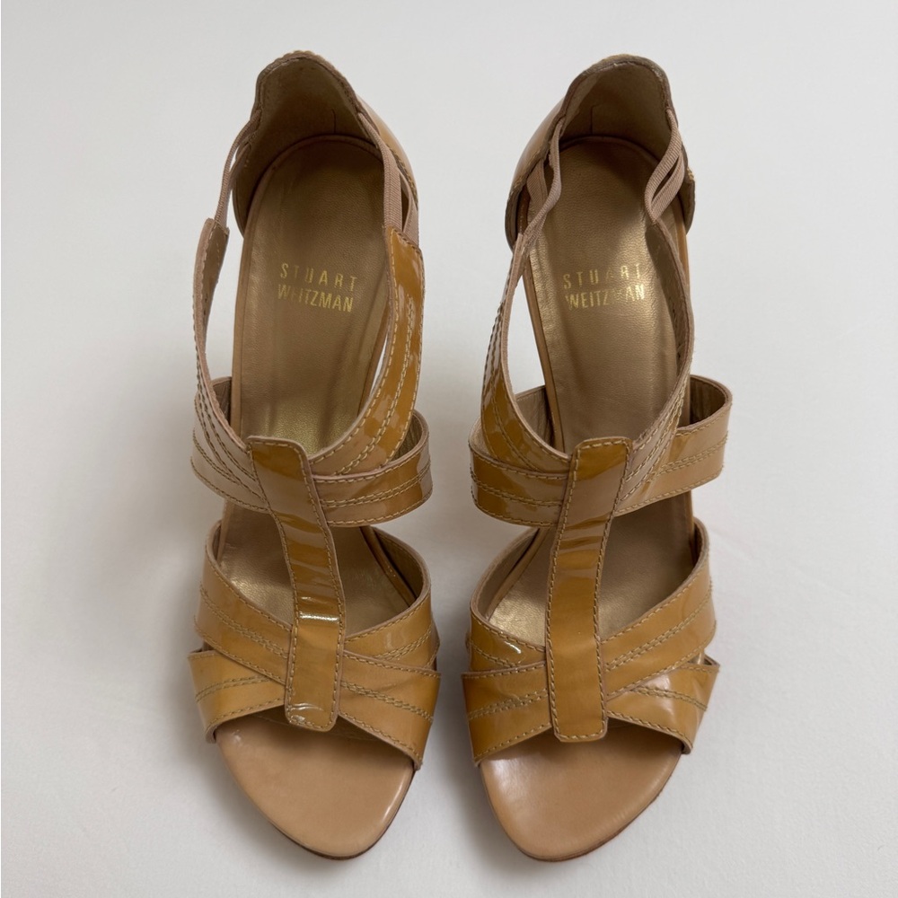 Stuart Weitzman Patent Leather Strappy Stiletto Platform Heels Size 8.5 Classic - Picture 12 of 13